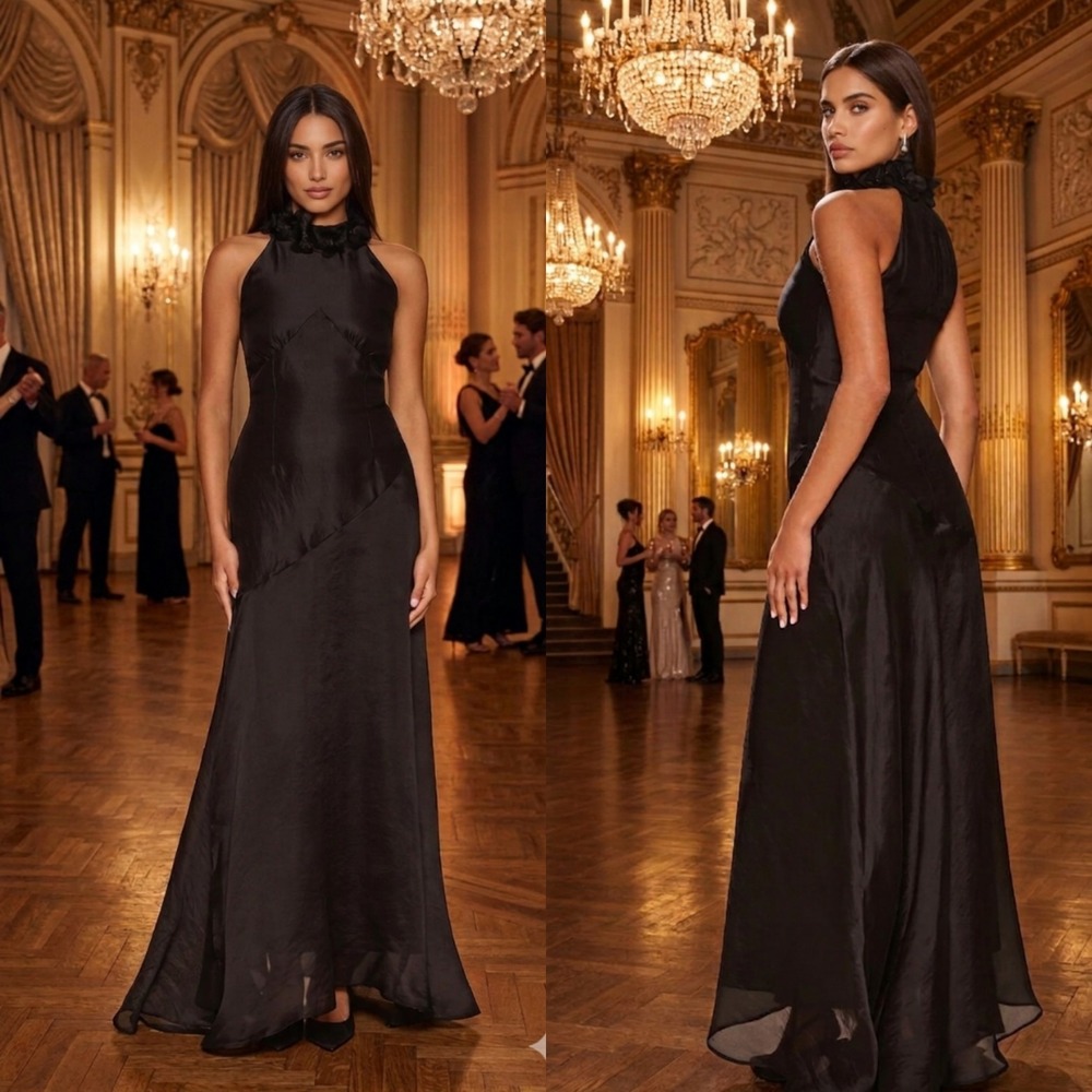 NEW Sonya Moda 100% silk Chiffon Noelle Gown XXL $488 Black Maxi Halter Dress